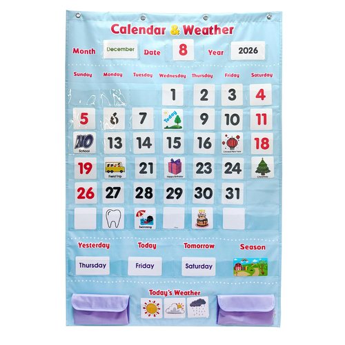 Educational Calendar and Weather Pocket Chart Set for Kids - Classroom Learning Tool with 147 Double-Sided Cards,Daily Routine Tracker for Preschool to Elementary (Light Blue)