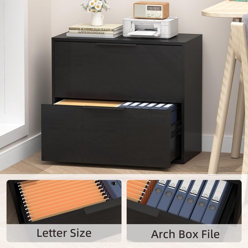 FATIGOS Lateral File Cabinet, Wood Black File Cabinet with Hanging Bars for Letters, Horizontal File Cabinets for Home Office
