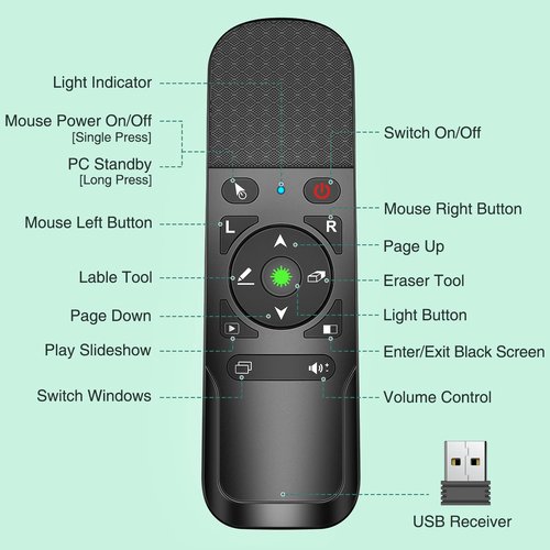 Presentation Clicker Green Laser Pointer with Air Mouse Function, Wireless Presenter Clicker RF 2.4GHz USB Presenter Control PowerPoint Presentation Clicker for Mac, Laptop, Computer