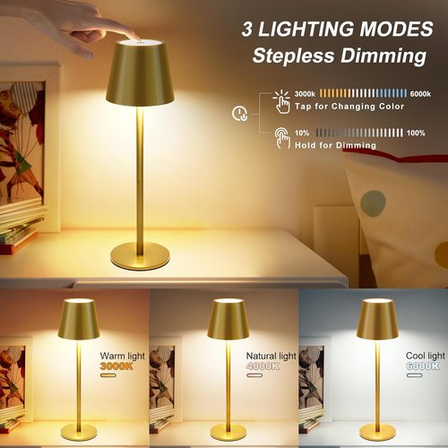 Gold Cordless Table Lamp - Adjustable Height 8-20 Inches | 5000mAh Rechargeable LED, 3 Color Dimmable