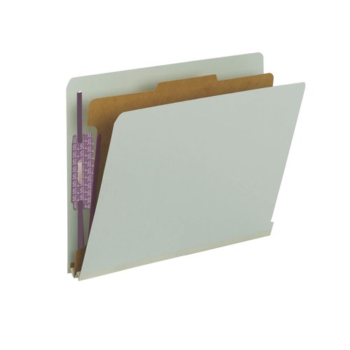 Smead 100% Recycled End Tab Pressboard Classification File Folder with SafeSHIELD Fasteners, 1 Divider, 2" Expansion, Letter Size, Gray/Green, 10 per Box (26800)