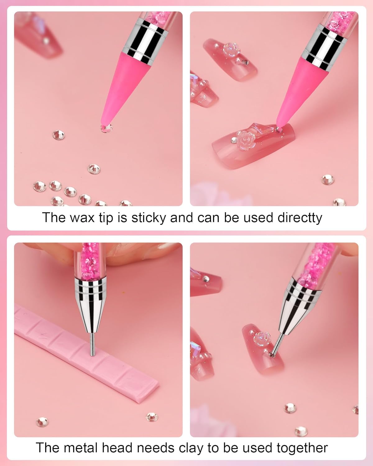 Skiennix Rhinestone Picker Tool Set - Rhinestone Applicator with 4 Pink Wax Heads & 2 Tweezers