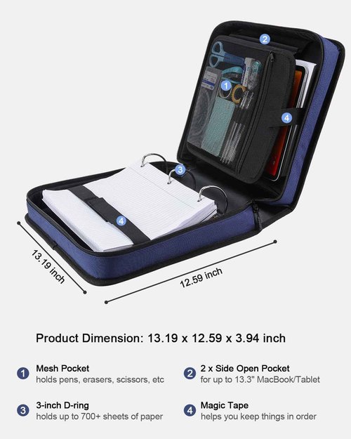 Banero 3" D-ring Zipper Binder with 700+ Sheets Capacity, 3-ring Zip Up Binder with Shoulder Strap for School, College, Office, Compatible with 13" MacBook & 12.9" Tablet (Dark Blue)