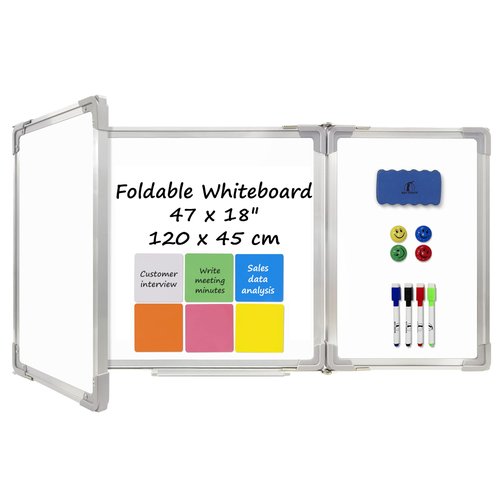 Whiteboard Set - Dry Erase Board 47 x 18 in with 1 Dry Wipe Eraser, 4 Markers, 4 Magnets and 6 Magnetic Notes - Large Vision Wall White Board for Home Office College