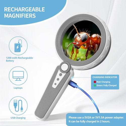 HUIBOER 45X Magnifying Glass with Light, 4.6 Inch 1200mAh USB Rechargeable, 3 Color Modes, Large Handheld Magnifier for Low Vision Seniors with Macular Degeneration, Reading, Jewelry, Coins - Grey