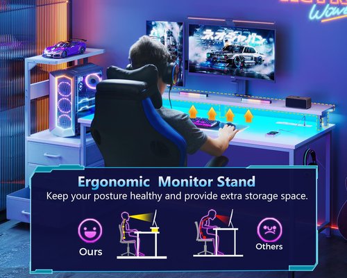 AODK 52 Inch Gaming Desk with USB Charging Ports & LED Light- Reversible Computer Desk with Storage Shelves & Monitor Stand, Modern Gamer Desk Table with Fabric Drawers & Side Hook, Carbon Fiber White
