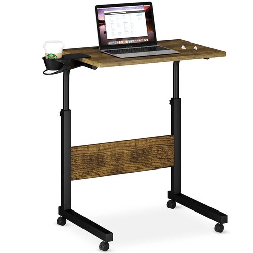 Klvied Standing Desk Adjustable Height, Stand Up Desk with Cup Holder, Portable and Easy to Move Bedside Table, Ideal for Home or Office, Black，Walnut
