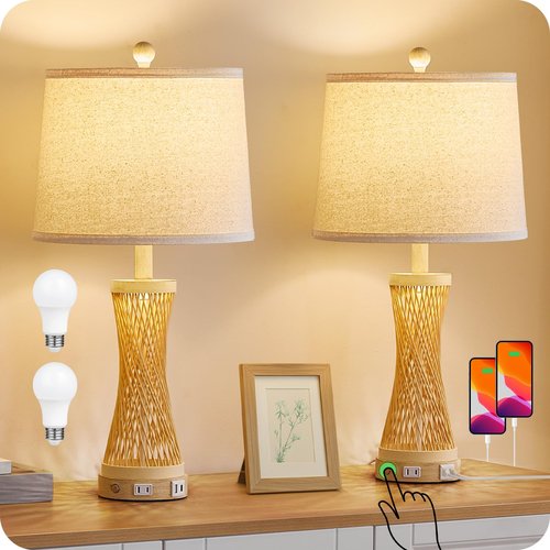 24.4” Farmhouse Rattan Table Lamps Set of 2, Touch Bedside Lamps for Bedroom with 3-Way Dimmable Night Light, USB A+C Charging Ports, Bamboo Boho Nightstand Lamp with Cream Linen Shade(Bulbs Included)