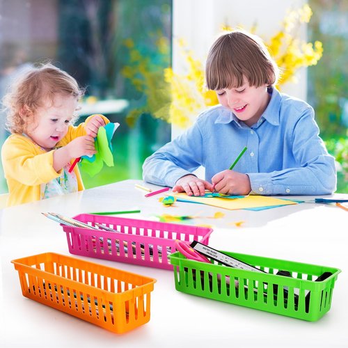 Vyndicca Pencil Organizer Tray - 24 Pack Plastic Classroom Pencil Holder, Small Trays, Colorful Crayon Storage for Classroom & Office, 9.3 L x 2.2 W x 2.4 H