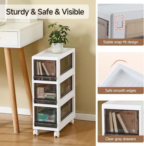 Plastic 3 Drawer Storage Organizer - Narrow Storage Cart with Wheels for Small Spaces | 7.87-Inch Wide (White)