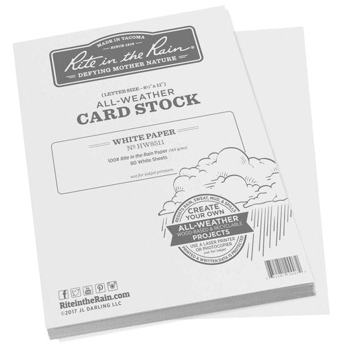 Rite in the Rain Weatherproof Card Stock, 8.5" x 11", 100# White, 80 Sheet Pack (No. HW8511)