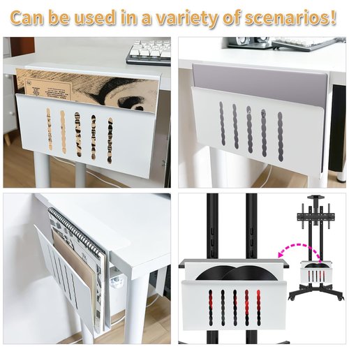 Desk Side Storage, Under Desk Storage, No Drill Steel Hanging Desk Organizer, Laptop Holder, Desk Storage Holder for Office & Home.(White)