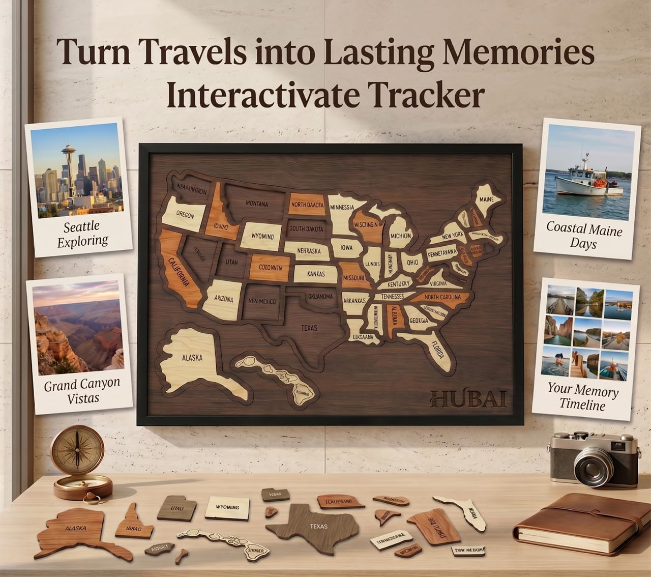 Wooden USA Travel Map Puzzle, Journey Tracker Maps Pin Board for Traveling, for Couple Family Art Home Decor (1pcs)
