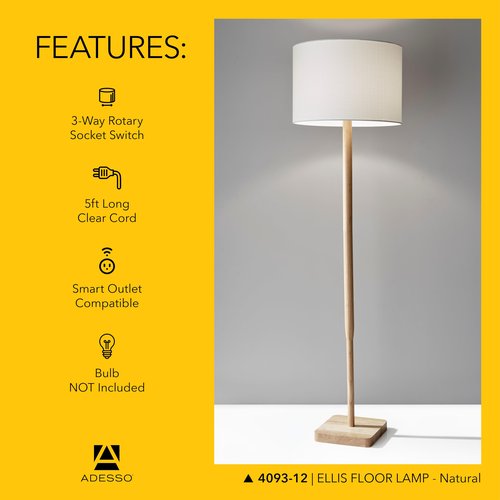 Adesso Floor Lamp with Natural Rubberwood Base and White Linen Lampshade – 3-Way Adjustable Brightness, Lamp for Bedroom, Living Room, and House Décor, 58.5” x 16”
