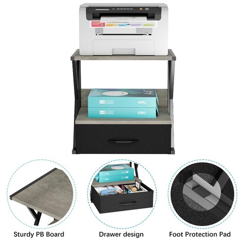 aboxoo Printer Stand for Desk with Storage Drawer, 2 Tier Desktop Or Under Desk Shelf, Multi-Purpose Desks Organizer for Home Office, fit Fax Machine/3D Printer/Scanner, Grey