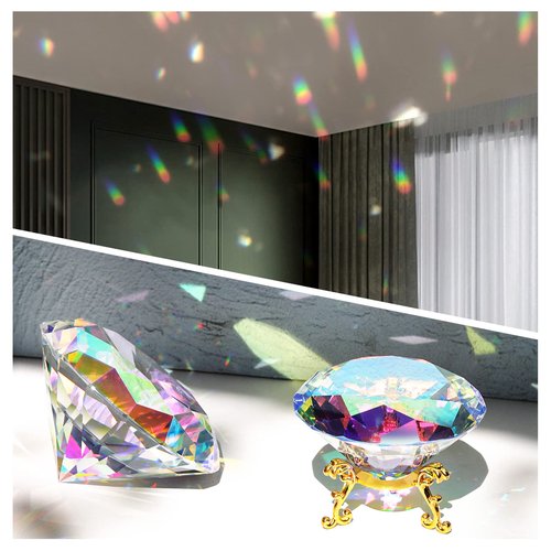 SWTHONY 80mm(3.15 inch) Crystal Big Fake Diamond Paperweight Rainbow Maker, Background for Nail Pictures, with Gold Metal Base Home Decor (AB-Coated)