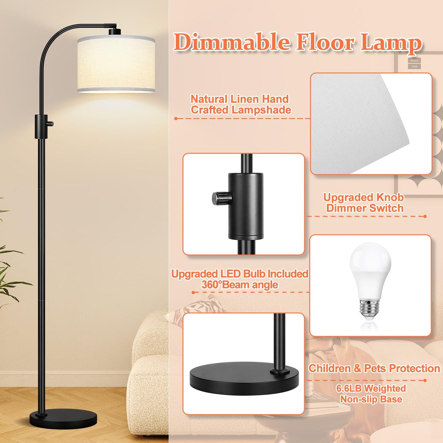 Nintiue Upgraded Modern Arc Dimmable Tall Standing Floor Lamp with White Shade, 1200 Lumens LED Bulb Included, for Living & Reading Room, Bedroom, Office & Nursery, Black