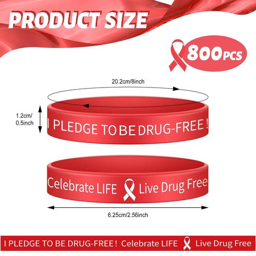 Libima 800 Pcs Live Drug Free Wristband Bulk Red Ribbon Week Wristbands Silicone Red Ribbon Awareness Bracelets Unisex Rubber Wrist Bands for Anti Drugs Campaigns Events Men Women