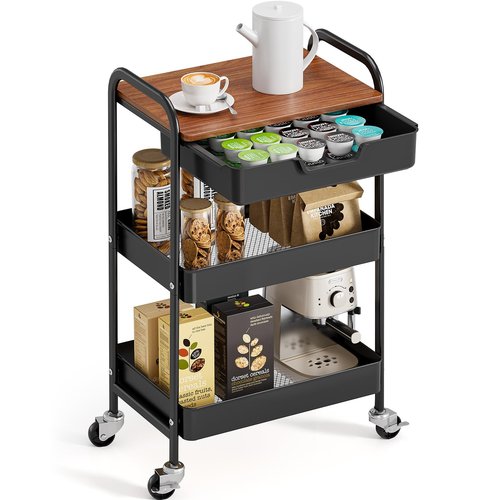 TOOLF 3-Tier Utility Rolling Cart with Wooden Board and Drawer, Metal Storage Cart with Handle, Black Trolley Kitchen Organizer Rolling Desk with Locking Wheels for Office, Classroom, Home, Bedroom