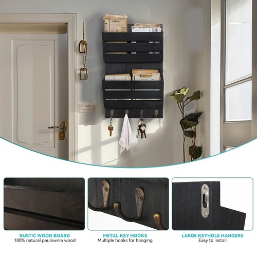 Mail Organizer Wall Mount with 4 Key Hooks, Rustic Wooden Hanging Mail Sorter Farmhouse Key Holder for Wall Decoration, 2-Slot Wall File and Magazines Bill Letter Holder