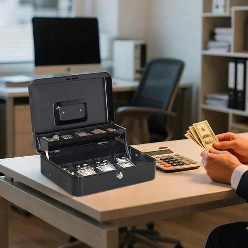 Jssmst Large Cash Box - Secure Money Organizer with Tray & Lock | 11.8" x 9.5" x 3.5", Black