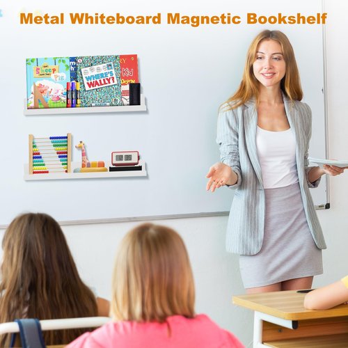Gattlukd 2 Pack Magnetic Book Shelf for Whiteboard - 17 Inch Reusable Metal Magnetic Shelves, Holds 12 lbs, Magnetic Book Display for Classrooms, Kitchen, Kids' Room - New White