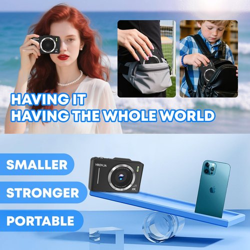 Digital Camera, FHD 4K Vlogging Camera, with 128GB Card, 16X Zoom Anti Shake Date Stamp,Portable Compact Point and Shoot Digital Camera for Teens Adult Beginner with 128GB Card(Black)