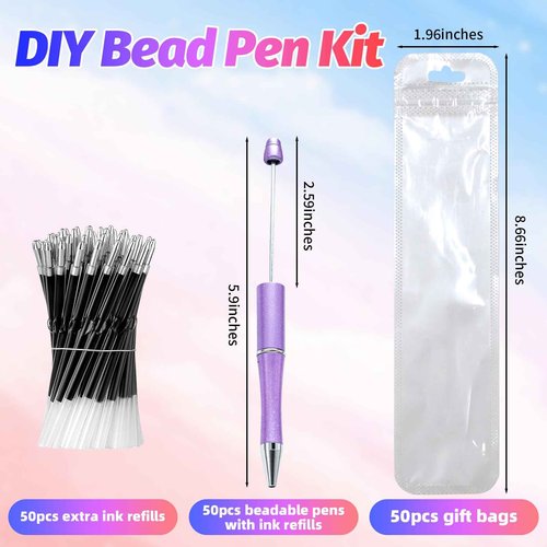 DASTTUIS 300 Pieces DIY Beadable Pen Kit – 100 Plastic Ballpoint Pens with Refills & Bags – School Supplies, Office Accessories & Decorative Items for Students & Teachers (Dreamy Soft Palette)