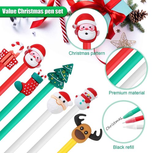 Zonon 100 Pieces Christmas Pens Holiday Novelty Fun Cartoon Characters Stick Black Gel Ink Rollerball Pens for Christmas Xmas Party Favors Goodie Bags Stuffer Gifts Office Supplies, 7 Styles