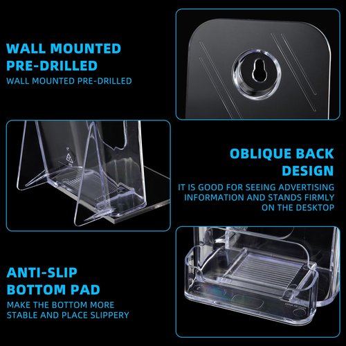 Feifeiya 4 Packs 4 Inch Acrylic Brochure and Business Card Holder, Wall Mount Pamphlet Display Stand Flyer Brochure Display Rack for Business Magazine Pamphlet Booklets Menu Journals Book