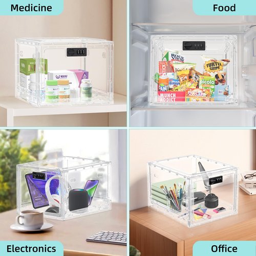 HOLYHY Medicine Lock Box for Safe Medication Storage, Large Refrigerator Lockable Storage Box for Kitchen Food Safe, Phone Jail iPad Tablet Lock Boxes for Kids Home/Office (Clear)