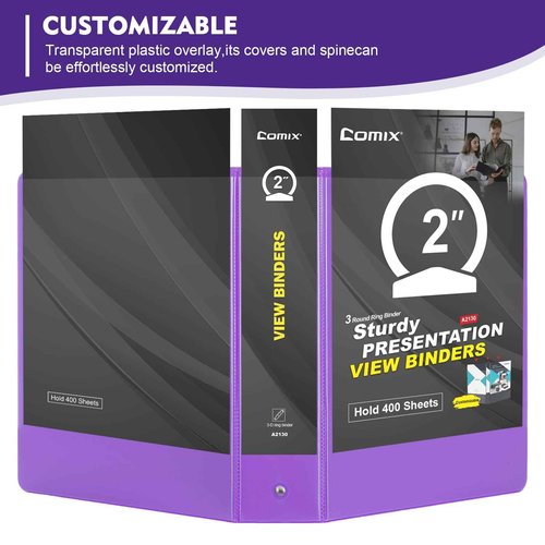 COMIX 3 Ring Binder 2 inch with Clear View Cover, 2" View Binder Holds 450 Sheets of US Letter Size Paper, 6 Pack (Purple)