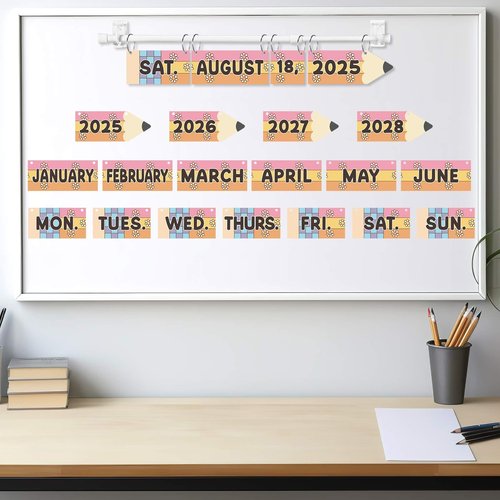 AmazingSpark Retro Pencil Shape Flip Calendar with Adjustable Calendar Holder and 54 Date Cards Classroom Set for Home Back to School Classroom Decoration Supplies (Disco)