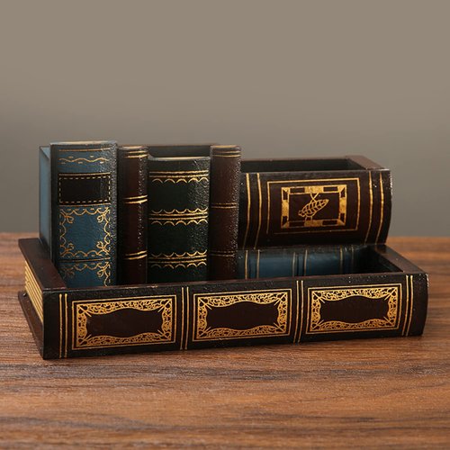 Tosnail Decorative Pen Holder with Storage Compartment, Wooden Pencil Holder and Organizer, Antique Library Books Design Pen Cup Caddy for Office Supplies, Countertop, Desk, Table