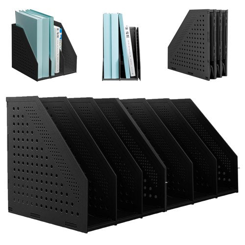 SAYEEC 2Pcs Collapsible Plastic Magazine File Holder Vertical Binder Storage Organizer for Desk Sturdy Upright Desktop Magazine Organizer Folder Rack for Office School Home (3 Compartments, Black)