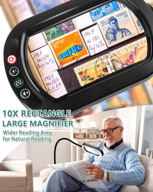 10X Rectangle Magnifying Glass by Skiennix - LED Lighted Hands-Free Magnifier with Flexible Gooseneck