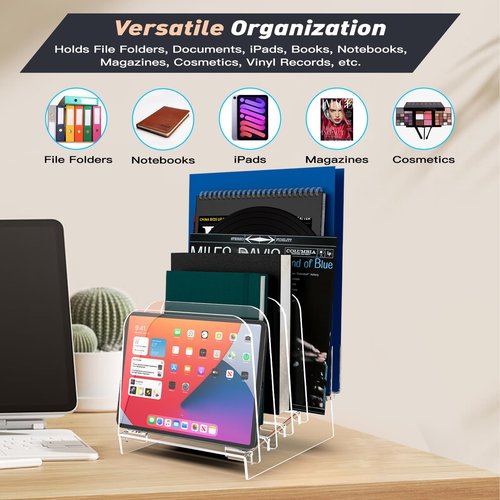 POCFOINY File Holder File Sorter, Vertical File Organizer for Desk, Desk Top File Folder Organizer Stand, Acrylic File Rack File Folder Holder, 5 Sections Clear File Stand for Office, School, Home
