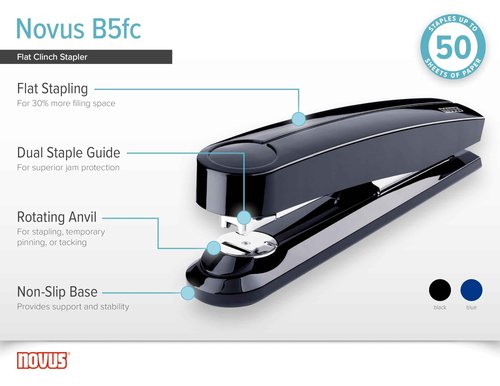 Novus B5fc Flat Clinch Stapler, 50 Sheet Capacity, Dual Staple Guide, German Engineered, Staple|Pin|Tack, Steel Drive, 25 Year Warranty, Blue (020-1480)
