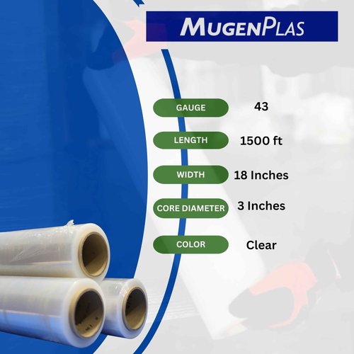 MugenPlas 18" x 1500' Stretch Film/Wrap | 9 Layers | 43 Gauge | Clear | Box of 4 Rolls | Heavy Duty Hand Shrink Film | Moving | Packing | Industrial Stregth