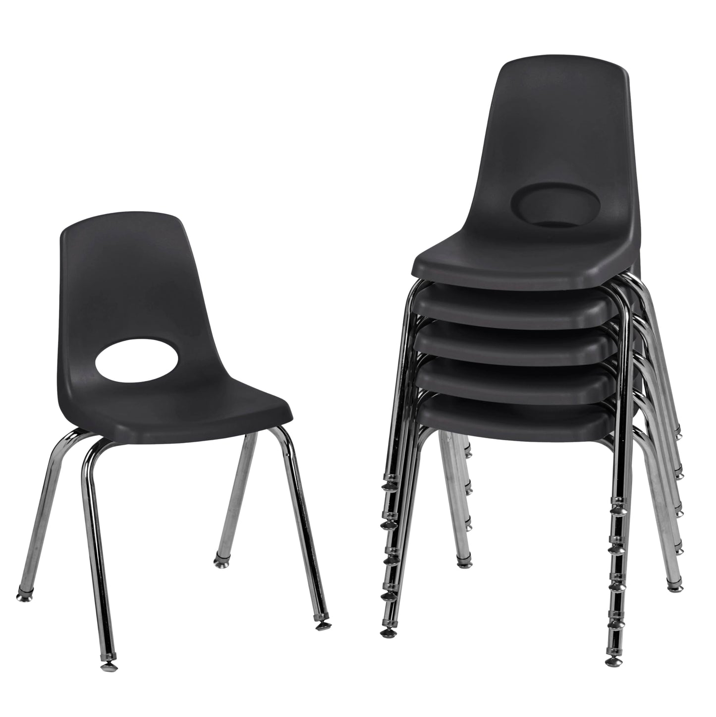 FDP 16" School Stack Chair,Stacking Student Seat with Chromed Steel Legs and Nylon Swivel Glides For In-Home Learning or Classroom - Black (6-Pack), 10368-BK