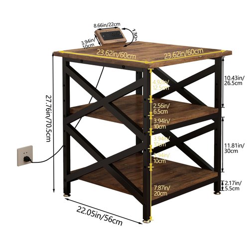 METYERRY Large Printer Stand with Power Outlet, with Height Adjustable Storage Shelf, 3 Tier Rolling Printer Cart with Industrial Wheels, 23.6 x 23.6 Inches Printer Table for Home Office, Rustic Brown
