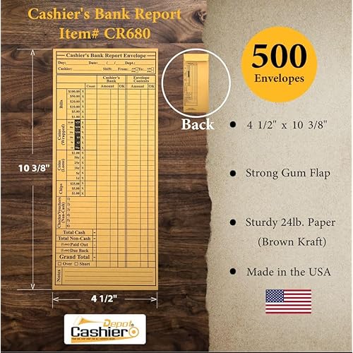 500 Cashier Depot - Cashier's Bank Report Envelopes CR680, 4 1/2" x 10 3/8", Sturdy 24lb. Brown Kraft, Gum Flap Cash Bank Deposit Envelopes for Retail, Restaurants, Casinos, Hotels & Small Business