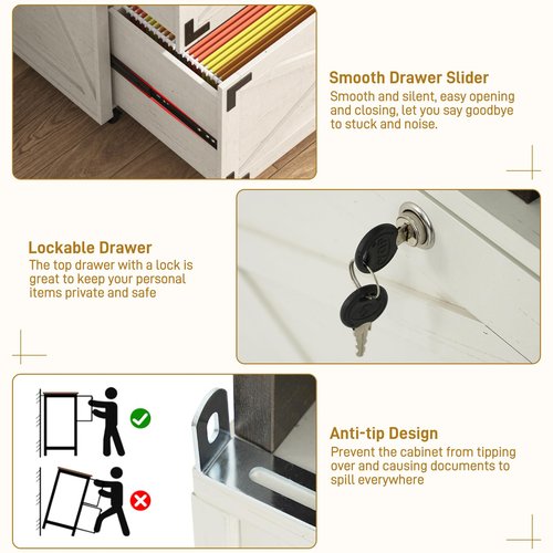 Farmhouse 2 Drawer File Cabinet on Wheels, 30" Large Locking Filing Cabinets w/ Hanging File Folders for A4/Letter/Legal Size Documents, Office Rolling Storage Cabinet for Home Office,White
