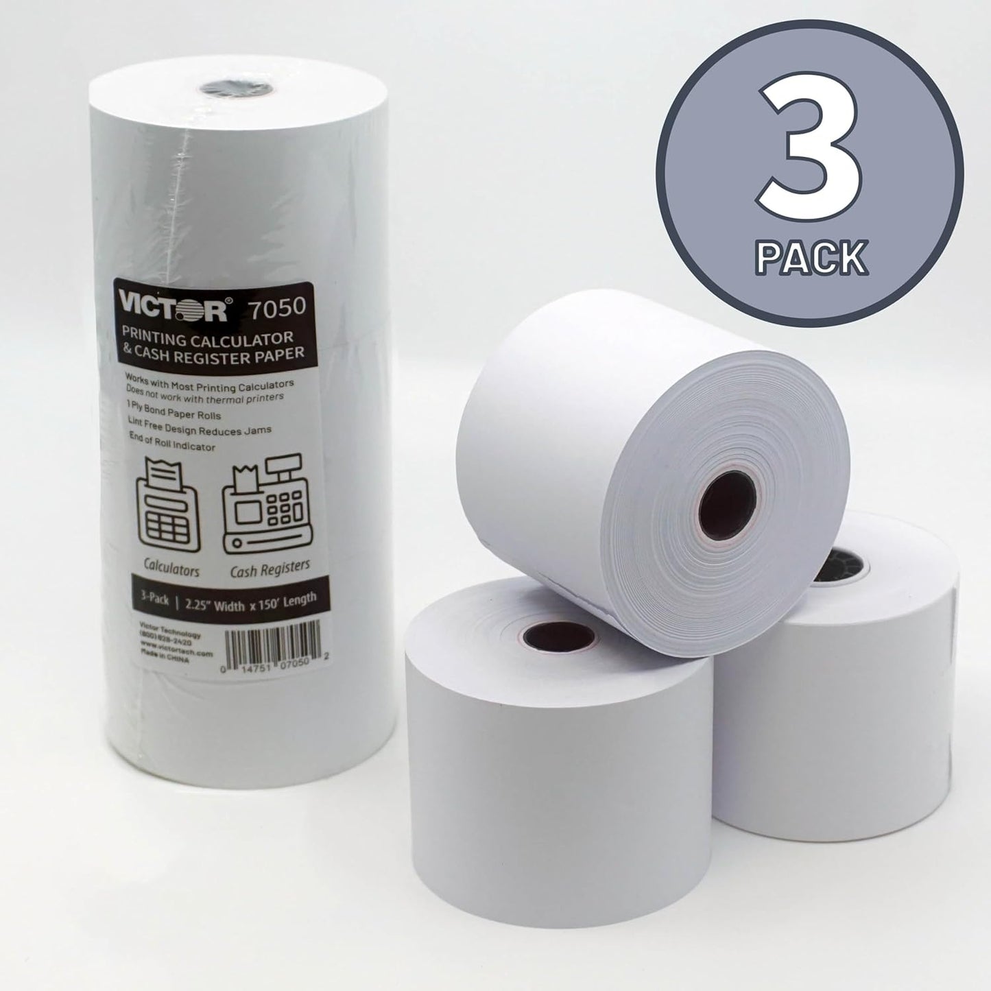 Victor Calculator Paper Rolls - 2.25" x 50 ft White Printing Paper for Adding Machines | 3 Pack
