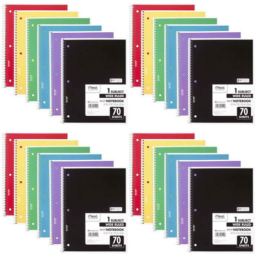 Mead Spiral Notebook, 24 Pack, 1 Subject, Wide Ruled Paper, 7-1/2" x 10-1/2", 70 Sheets per Notebook, Colors Will Vary (930203-ECM25)