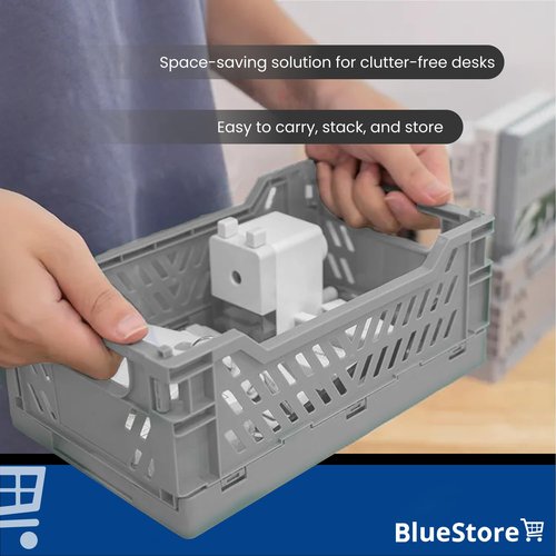 6-Pack Foldable Plastic Storage Crates for Organizing with Handles, Stackable Collapsible Bins for Desk, Office and Shelf Organization, Small Basket for Home, Kitchen, and Classroom (White-Grey-Black)