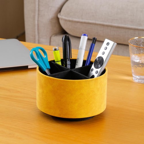 LINKWELL Remote Control Holder For Table, 360 Degree Spinning Desk Organizer For Bedside Night Stand, TV Remote Caddy with 4 Compartments, Office Rotating Pen Holder Yellow PH126