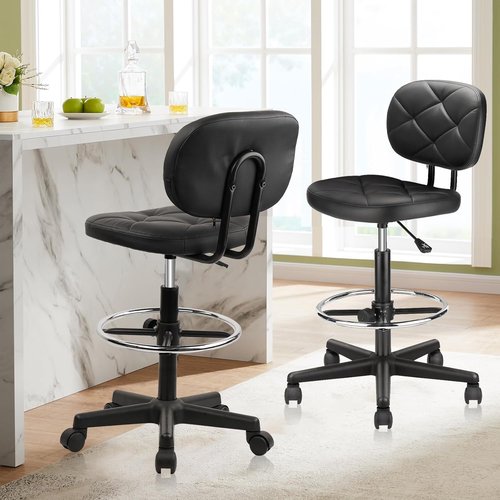 KLASIKA PU Leather Rolling Bar Stool - Adjustable Height Drafting Chair with Wheels & Backrest - Black