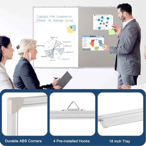 Large White Board Dry Erase Foldable Bulletin Board Combo, 48" x 36" Double Sided Dry Erase Board for Wall, Magnetic Whiteboard Bulletin Board with Linen for Office, Home, School, Kitchen -Gray