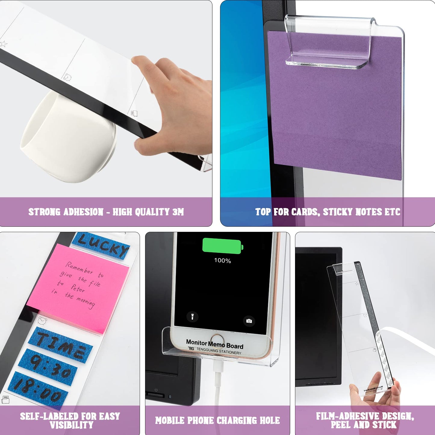 Office Desk Accessories 2pcs Computer Monitor Memo Board Multifunction Message Board Transparent Creative Monitor Side Panel with Sticky Note Holder Phone Holder Suitable for Office Home Work Desk
